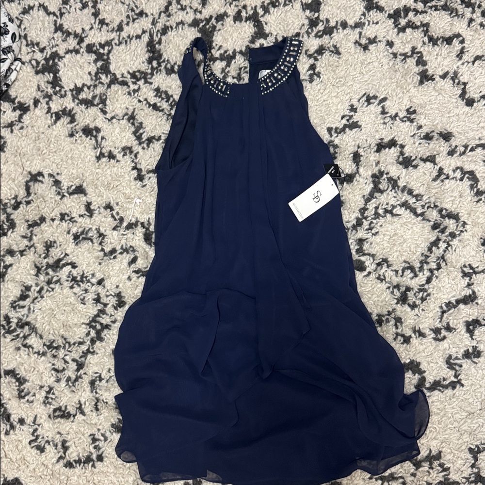SD Collection Navy Blue Dress with Embellished Neckline